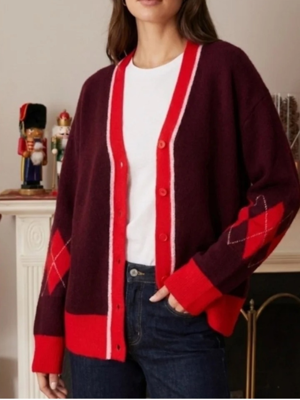 NWOT CECE Burgundy Argyle Cardigan Sweater